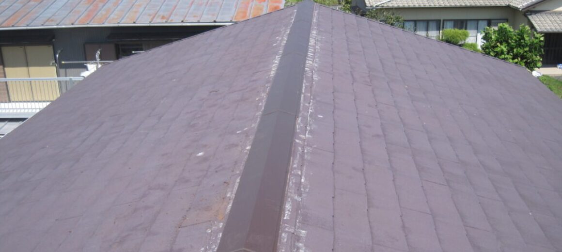 屋根全体に経年劣化が見られ、一部白く変色している