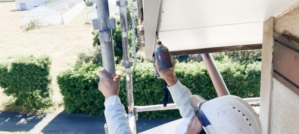 作業員が足場上で電動工具を使い、軒天の補修作業をしている様子
