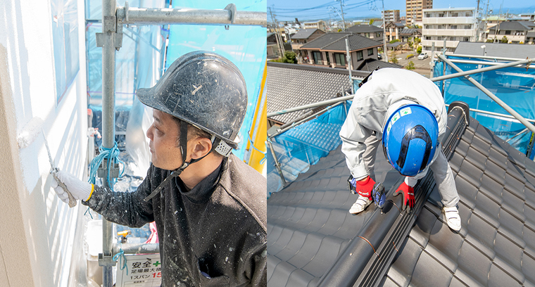 左側は外壁を白く塗装する作業員、右側は瓦屋根の補修を行う作業員の様子